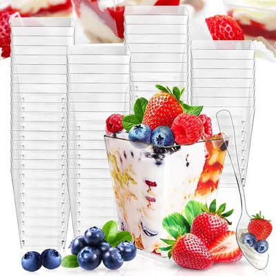 Imagen del producto de Vasos de plástico para postres, de 160 ml, paquete de 60 unidades, con 60 cucharas, reutilizables para uso en la cocina
