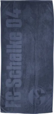A dark blue towel with the FC Schalke 04 logo and text embossed on it.