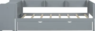 Produktbild von Flieks Kinderbett 90x200cm mit Ausziehbett, Einzelbett Holzbett mit Schreibtisch und Regal, Klassisches Bett für Kinderzimmer, Grau