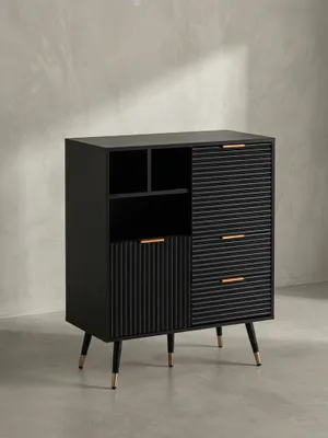 Produktbild von Sideboard 77x97x40 cm Anrichte Schwarz mit Eiche-Nachbildung, Kommode mit Türen und Schubladen, Kommodenschrank Flurschrank mit Regal Modern, Standschrank Wohnzimmer Metallbeine