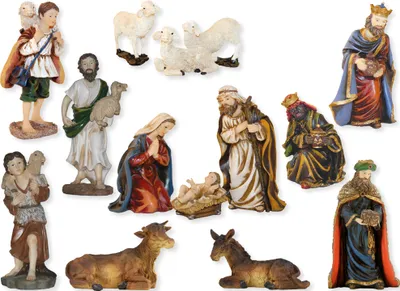 Produktbild von Krippenfiguren Set 14-teilig, handbemalt, Polyresin für 30 cm Figuren