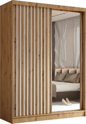 A wardrobe with sliding doors, one of which is a mirror reflecting a bedroom scene.