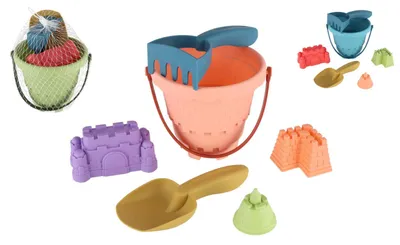 Obrázok produktu pre Sada na piesok: plastové vedierko, lopatka, hrabátko, 3 formičky, 3 farby v sieťovke