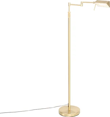 A brass floor lamp with an adjustable arm and rectangular shade, shown against a white background.