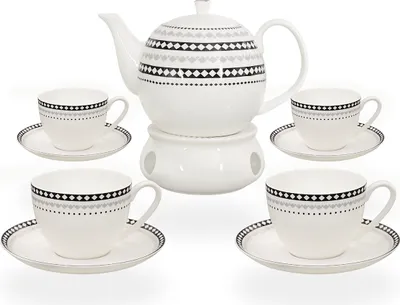 Produktbild von Buchensee Kaffeeset / Teeset / Teeservice / Teekanne / Kaffeekanne 1,5 liter mit Stövchen und 4 Tassen je 210ml, Rautendeko, Fine Bone China