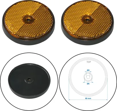 Produktbild von 2x Reflektoren Rund Orange Ø60 mm Schraubloch Ø5mm Katzenaugen - Rückstrahler E4 Reflektor für Anhänger und Wohnwagen