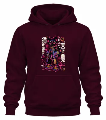 Obrázok produktu pre Anime, mačka, streetwear, japonský štýl Harajuku, Japonsko, Y2K, mikina s kapucňou s motívom mangy, bordová farba, veľkosť L
