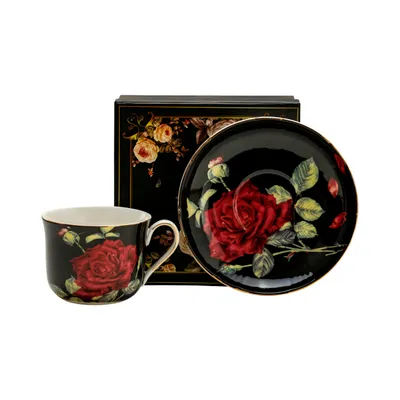 Produktbild von Porzellantasse „Blumen – Rosen“, groß, 420 ml, mit Blumenmuster und Untertasse