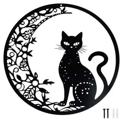 Metall-Wanddeko Mond & Katze, 30 cm, schwarz, rund