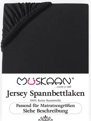 A black fitted sheet is shown with the brand logo and product details below.
