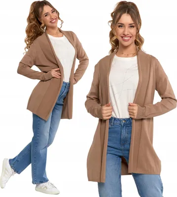 Obrázek produktu pro Dámský kardigan – elegantní kardigan, velikost L/XL – dlouhý pletený svetr, béžová barva – klasická kardiganová bunda
