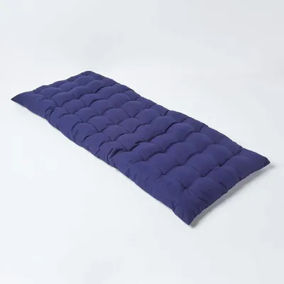 A dark blue bench cushion is shown on a white background.
