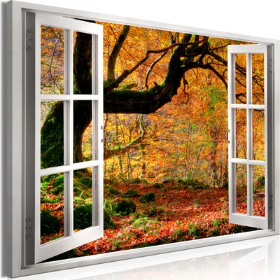 Produktbild von Modernes Wandbild Fensterblick 120x80 - 1 Teile Bilder Fotografie auf Vlies Leinwand Foto Bild Dekoration Wand Bilder Kunstdruck Wald Baum Herbst c-C-0369-b-a