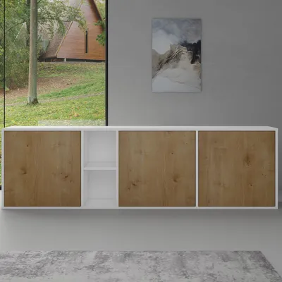 Produktbild von doporro Sideboard Schrank 02, Matt Weiß, hängend oder stehend, Push-Open, Soft-Close, viel Stauraum, halboffener Stauraum, Kerneiche, lackfreie Platten, 1800 x 360 x 526 mm, E1