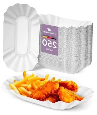 Produktbild von 250 Pommesschalen, Pappteller Weiß Einweg 20 x 10 x 3 cm, Umweltfreundliche Pappschalen für Currywurst und Pommes, Einwegteller aus Pappe, Partyteller