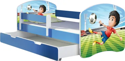 Produktbild von ACMA Jugendbett Kinderbett Junior-Bett Komplett-Set mit Matratze Lattenrost und Rausfallschutz Blau 13 Fußballer 160x80 + Bettkasten