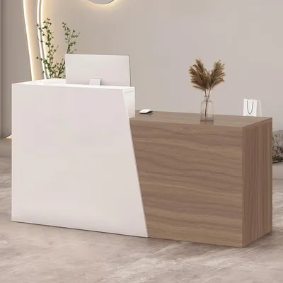 Zdjęcie produktu dla Lada recepcyjna z szufladą i półkami, wymiary: 170x42x100 cm, kolor: biały + jasnobrązowy
