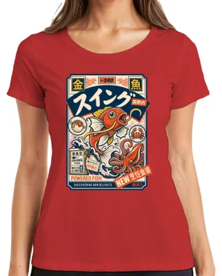 Productafbeelding van "Powered Fish" T-shirt voor dames, met een retro-octopusprint in anime-stijl, kleur: rood, maat: S