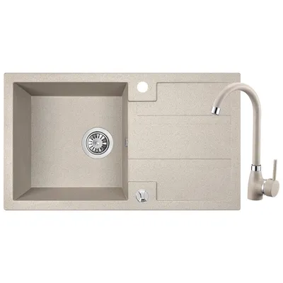 Zdjęcie produktu dla Zlewozmywak Laveo Barbados 1-komorowy z ociekaczem i baterią granitową, beżowy, 760x440 mm, odporny, 10 lat gwarancji