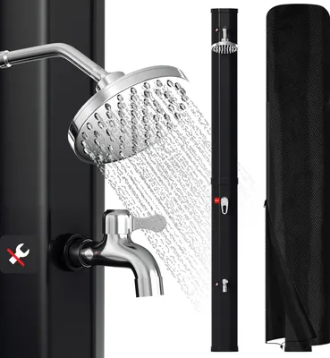 Produktbild von Faziango Solardusche 35 Liter mit Standsäule in Schwarz – inkl. Abdeckhaube & Drain Stop (Gartendusche, Pooldusche, Camping)