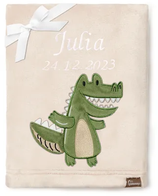 Produktbild von Be Mammy Babydecke mit 3D Applikation bestickt mit Name und Geburtsdatum 76 x 102 cm BE20-280 (Beige – Krokodil, 76 x 102 cm)