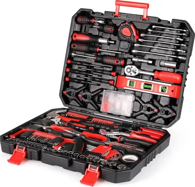 Produktbild von Werkzeugset 198-teilig - Steckschlüsselsatz mit Ratsche & Schraubendrehern - Haushalt & Auto Reparatur - Metall - Im Koffer 44×34×4 cm - Rot