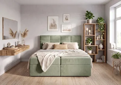 Obrázek produktu pro Postel s pružinovou základnou Keja 140x200 | Měkká opěrka hlavy z polstrovaných panelů | včetně 2 matrací a 2 nočních stolků | potah Magic Velvet 2243, barva khaki