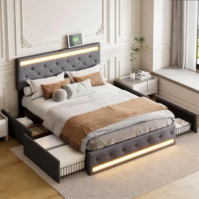 Produktbild von INONEFT Polsterbett 180x200cm mit 4 Schubladen, Jugendbett Doppelbett mit LED und USB/Type-C, Stauraumbett Massivholzbett mit Lattenrost, Leinen, Grau