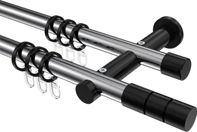Produktbild von Interdeco Gardinenstange / Vorhangstange Chrom / Schwarz, Typ Platon Elanto (Rillenzylinder), 20 mm Ø 2-läufig, 120 cm
