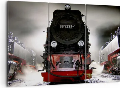 Produktbild von Bild auf Leinwand - Leinwandbild - Dampflokomotive Gleise Nebel - 105x70cm - Wand Bild - Wanddeko - Leinwanddruck - Bilder - Kunstdruck - Wanddekoration - Leinwand bilder - Wandkunst - CE105x70-0281