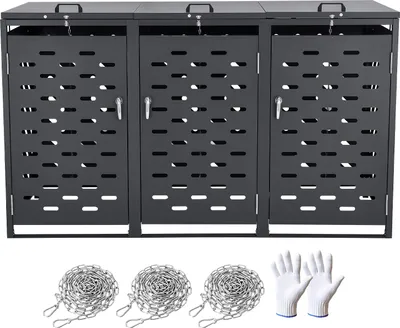 A dark gray, three-bin trash can storage unit with perforated doors and silver handles, shown with three coiled metal chains and a pair of white gloves on a white background.