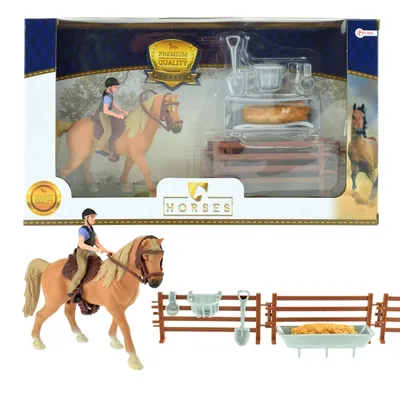 Image de Toi-Toys 37160A - Cheval marron avec cavalier et accessoires Horse Horses Écurie Clôture Set de cheval Set de cavalier