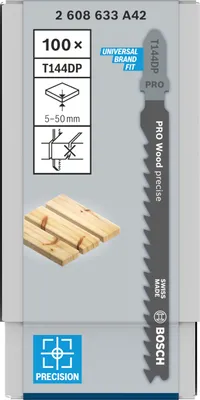 Zdjęcie produktu dla Bosch 2 608 633 A42, Ostrze wyrzynarki, Płyta wiórowa, Płyta pilśniowa, Miękkie drewno, Płyta stolarska, Stal wysokowęglowa (HCS), 4 mm, 10 cm, 100 szt.
