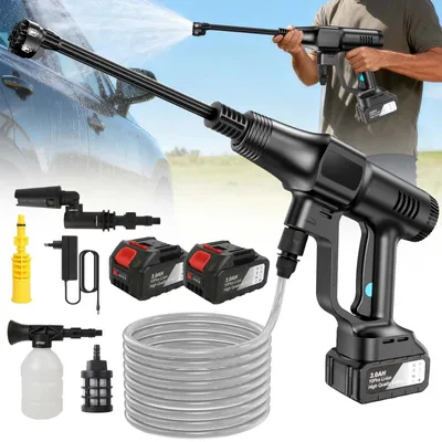 Immagine prodotto di Idropulitrice portatile - Pistola a batteria - Motore brushless - Ugello multifunzione 6-in-1 - 3 livelli di pulizia - Set con 2 batterie