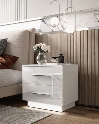 Produktbild von Nachttisch LINA mit Chromgriffen in Hochglanz mit LED, Weiß / Weiß Hochglanz