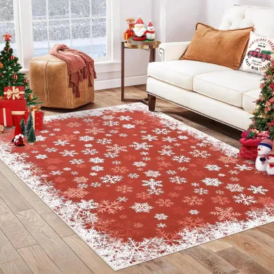 Immagine prodotto di Tappeto natalizio con motivo sfumato e fiocchi di neve - Tappeto rettangolare - 140 x 200 cm - Rosso - Lavabile in lavatrice - Fondo in gomma antiscivolo - Poliestere