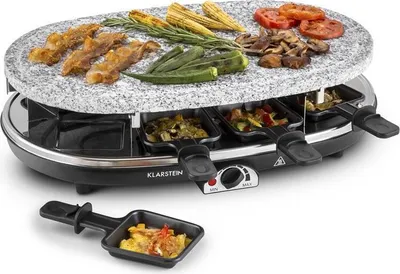 Produktbild von Klarstein Raclette-Tischgrill für 8 Personen mit Steinplatte, Großer Raclette Grill, 1500W Raclette-Grill, Raclette Gerät mit 8 Pfännchen, Raclette-Ofen Groß für Käse & Fleisch für 4-8 Personen