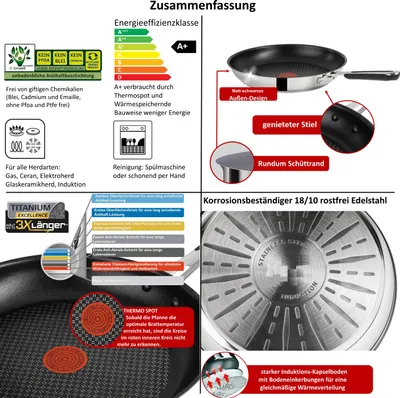 Produktbild von Tefal E30 Jamie Oliver Pfannenset Induktion 6 tlg. Schmorpfanne mit Deckel 25cm Hoher Rand,Pfanne 20 cm + 28 cm,Beschichtet,Ofenfest,Spülmaschinenfest