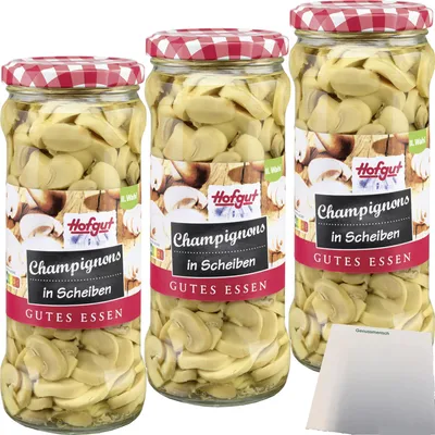 Produktbild von Hofgut Champignons in Scheiben 3er Pack (3x580ml Glas) + usy Block