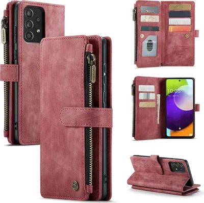 A collage of images showcasing a red leather wallet-style phone case for a Samsung Galaxy A52.
