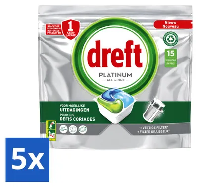 Produktbild von 5 x Dreft Platinum All In One Spülmaschinen-Tabs - Vorteilspackung - 5 Stücke