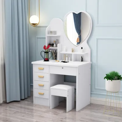 Produktbild von Schminktisch mit herzförmigen Spiegel und Hocker für Schlafzimmer Clara