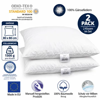 Produktbild von 2er Set Federkissen 80x80 cm 1500 Gramm – Kopfkissen mit 100% Gänsefedern – Baumwollbezug 185 g/m² – Ganzjahreskissen