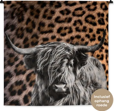Produktbild von MuchoWow® Wandteppich Wandbehang Schottisches Hochlandrind - Kuh - Pantherdruck 120x120 cm Tapisserie Dekoration Wandtuch - Modern - Baumwollgewebe