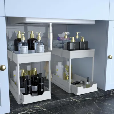 Productafbeelding van Keukenorganizer onder de wastafel, plank met 4 haken, wit, 39x21x33 cm