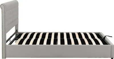Produktbild von Merax Hydraulisches Boxspringbett 180x200cm Polsterbett mit Bettkasten und Lattenrost, Stauraumbett Funktionsbett mit Nietenverzierung und Stauraum, Doppelbett aus Leinen, Hellgrau
