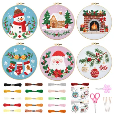 Weihnachts-Stickset für Anfänger, 6-teilig, vorgedruckt, inkl. Rahmen und Garn