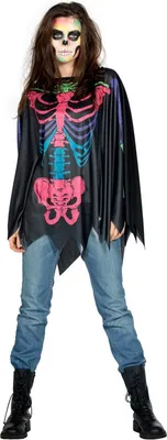 Produktbild von Poncho Skelett schwarz bunt Halloween