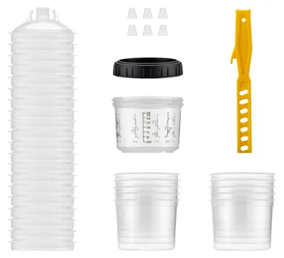 Produktbild von Wiltec Mischbechersystem 200 ml 50x Filter 125 μm, Lackmischbecher Set mit Deckeln, Innenbechern und Messbecher, Farbmischbecher für Autolackierung