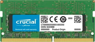 A Crucial DDR4 SODIMM memory module is shown against a white background.